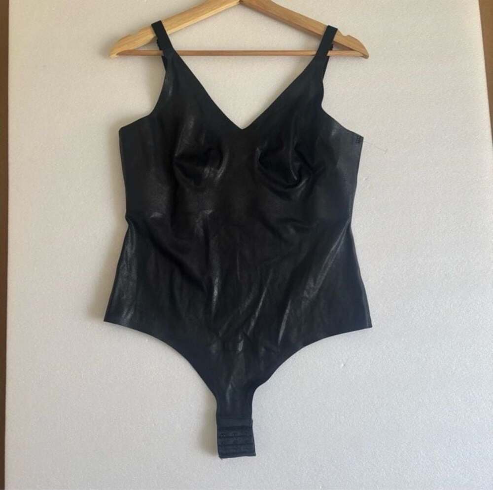 Knix Papaya Black Faux Leather Thong Bodysuit NWT Size XL